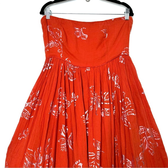 Free People Baja Babe Copper Boho Gilded Floral Crinkle Strapless Maxi Dress - Picture 4 of 12